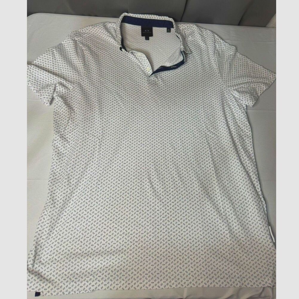 Armani Exchange A|X Men’s Polo Shirt Large White Navy Micro Print Short Sleeve